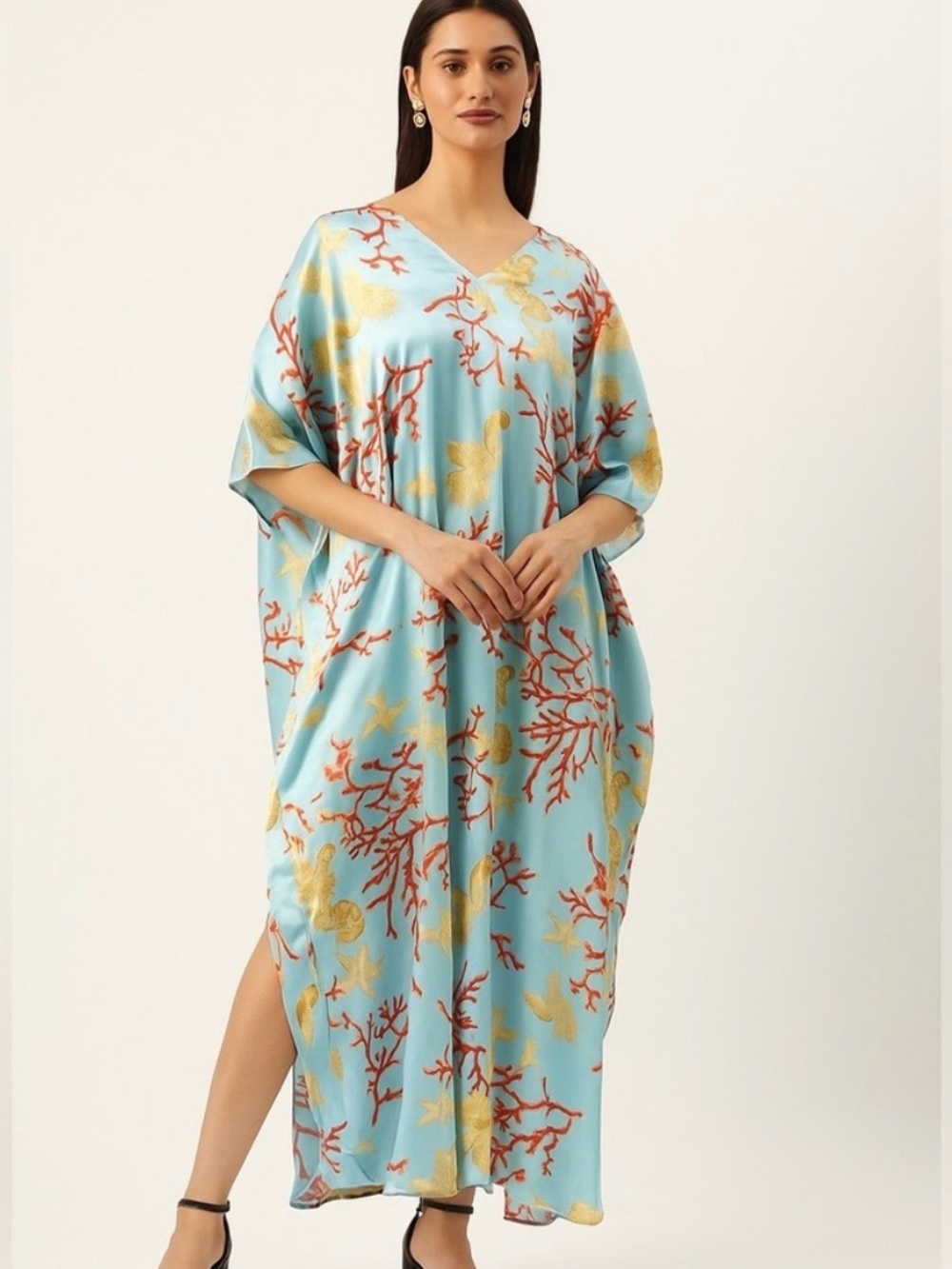 Winlar Analucia Long Satin Caftan Lounger OSFM beach novelty shells coral comfy